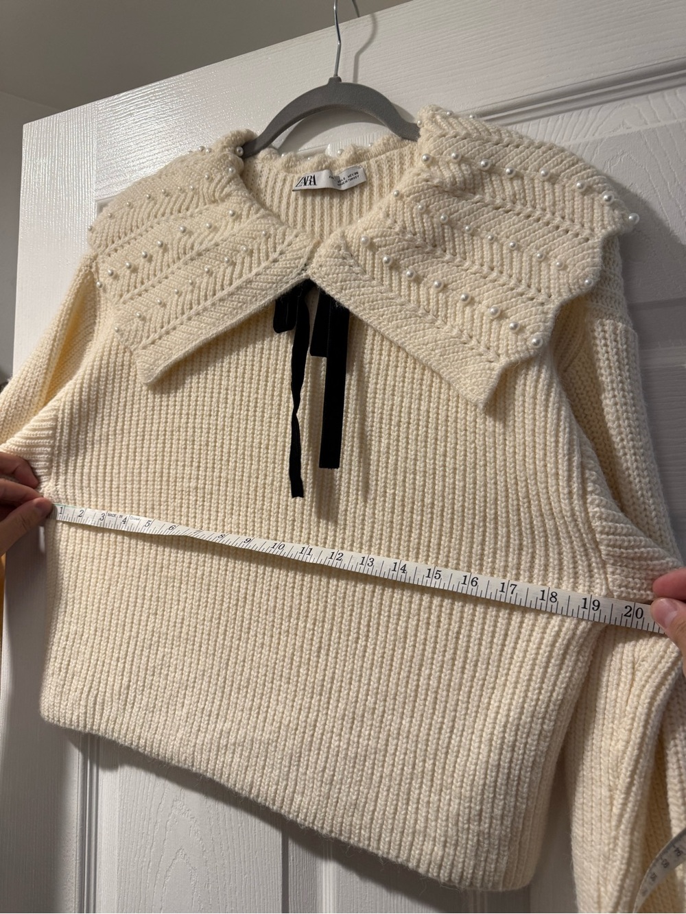 Zara Cream Knit Sweater with Pearl-Embellished Collar and Black Ribbon - Picture 3 of 5